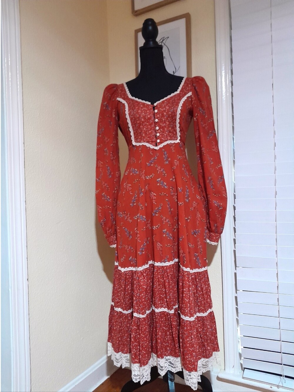 Gunne Sax rare 2 pocket bright orange floral Prairie dress size 5